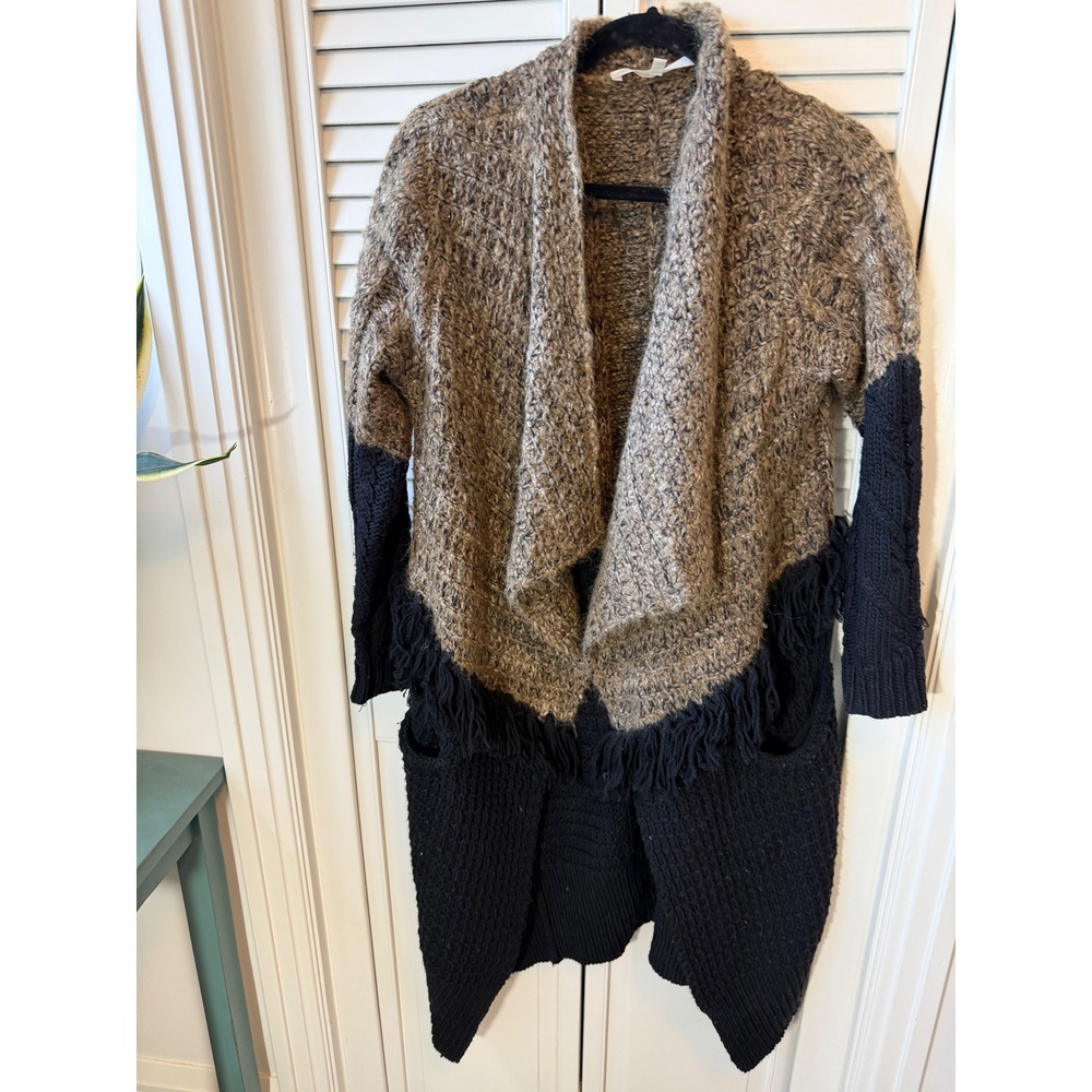 Thakoon Addition Wool Mohair Fringe Colorblock Cardigan Sweater XS Black Tan